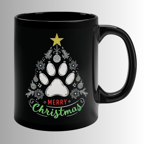 Pet Paw Print Golden Star Christmas Tree Black Coffee Mug - 11oz