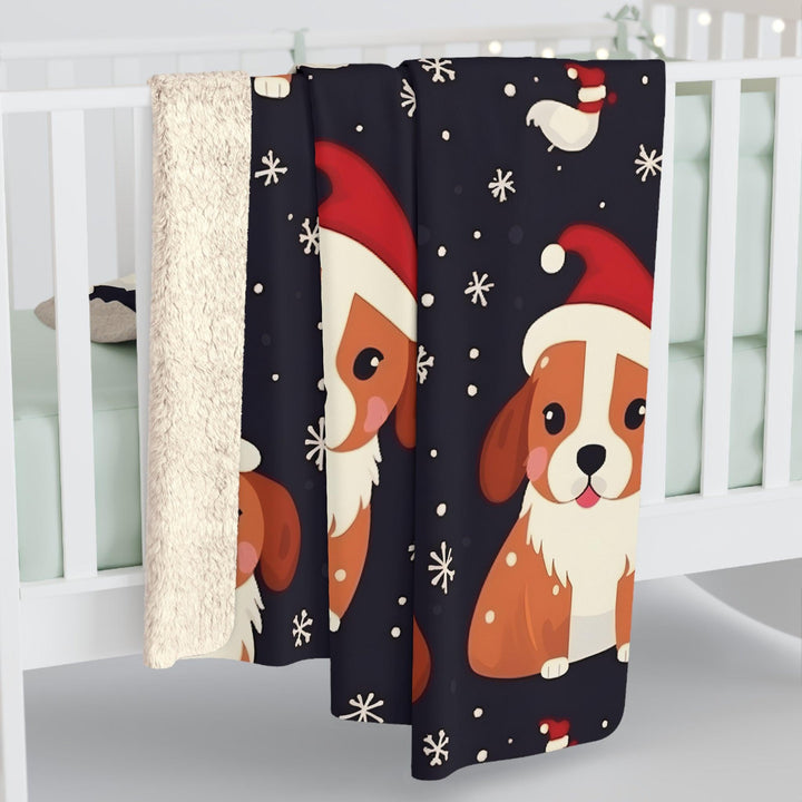 Holiday Sherpa Fleece Blanket - Christmas dogs with santa hats and snowflakes - Home Decor - Pets In Prints